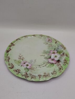 Vintage Hand-Painted Floral Decorative Plate/Riser Green and Pink Signed Brant